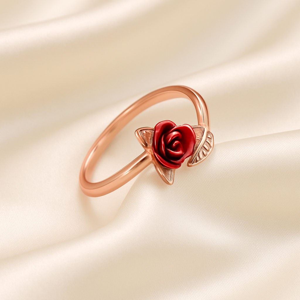 Close up of rose gold plated artificial ring with red rose detailing