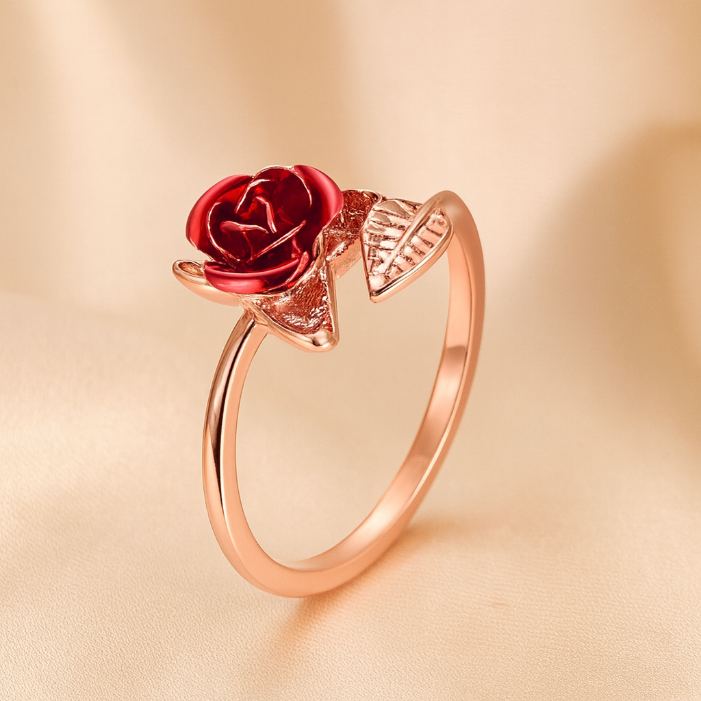 Side view of elegant rose gold artificial ring with floral design